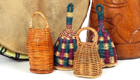 Four handmade percussion instrument caxixi basket rattle from Africa. 