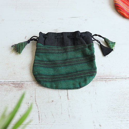 Green striped cotton drawstring coin pouch