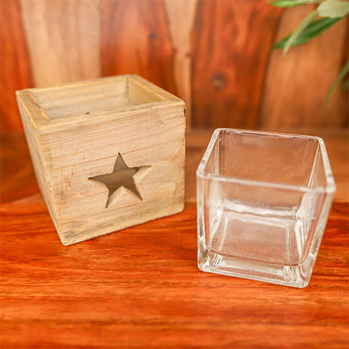 Wooden candle holder box with glass insert