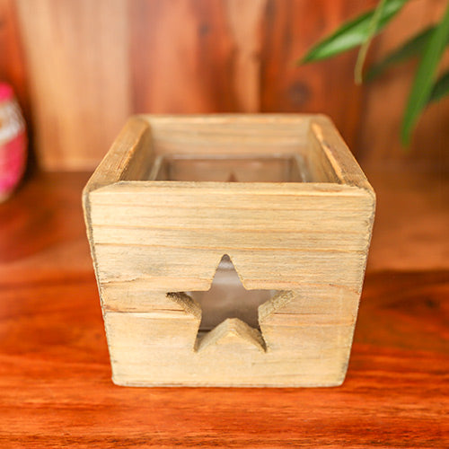 Brown wooden candle holder box with star insert