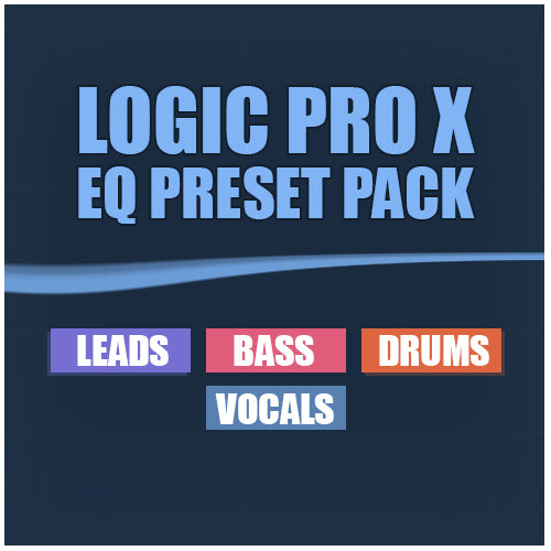 Logic Pro X EQ Preset Pack cover featuring artwork with bass, drums, vocals, and waveform elements