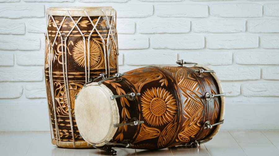 Hand-Carved Indian Wooden Design Dholak Drum