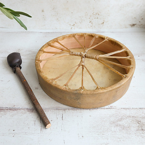 Back view of a Khenji Shamanic drum with beater