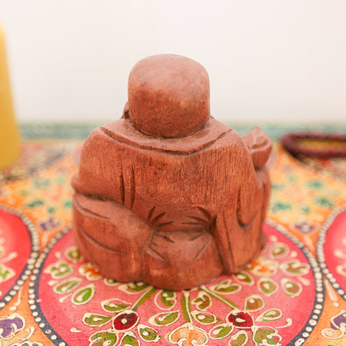 Carved wooden sitting Buddha ornament, back view