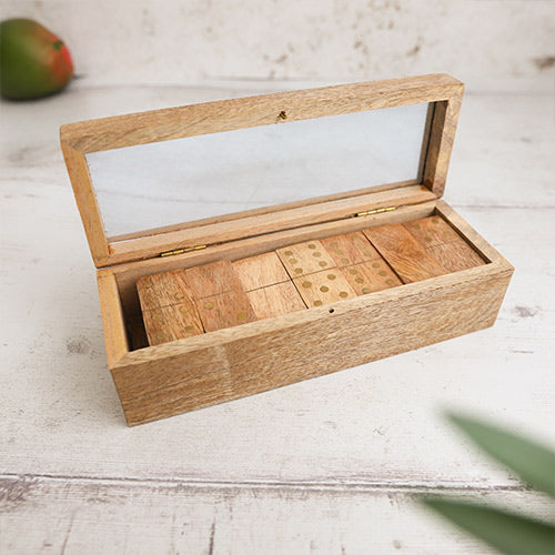 Mango wood box of dominoes with lid open
