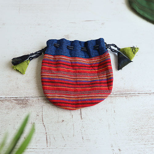 Red striped cotton drawstring coin pouch