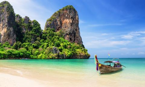 Railway West Beach, near Thailand: Sandy Beach, Blue Sky, Ocean, Boat