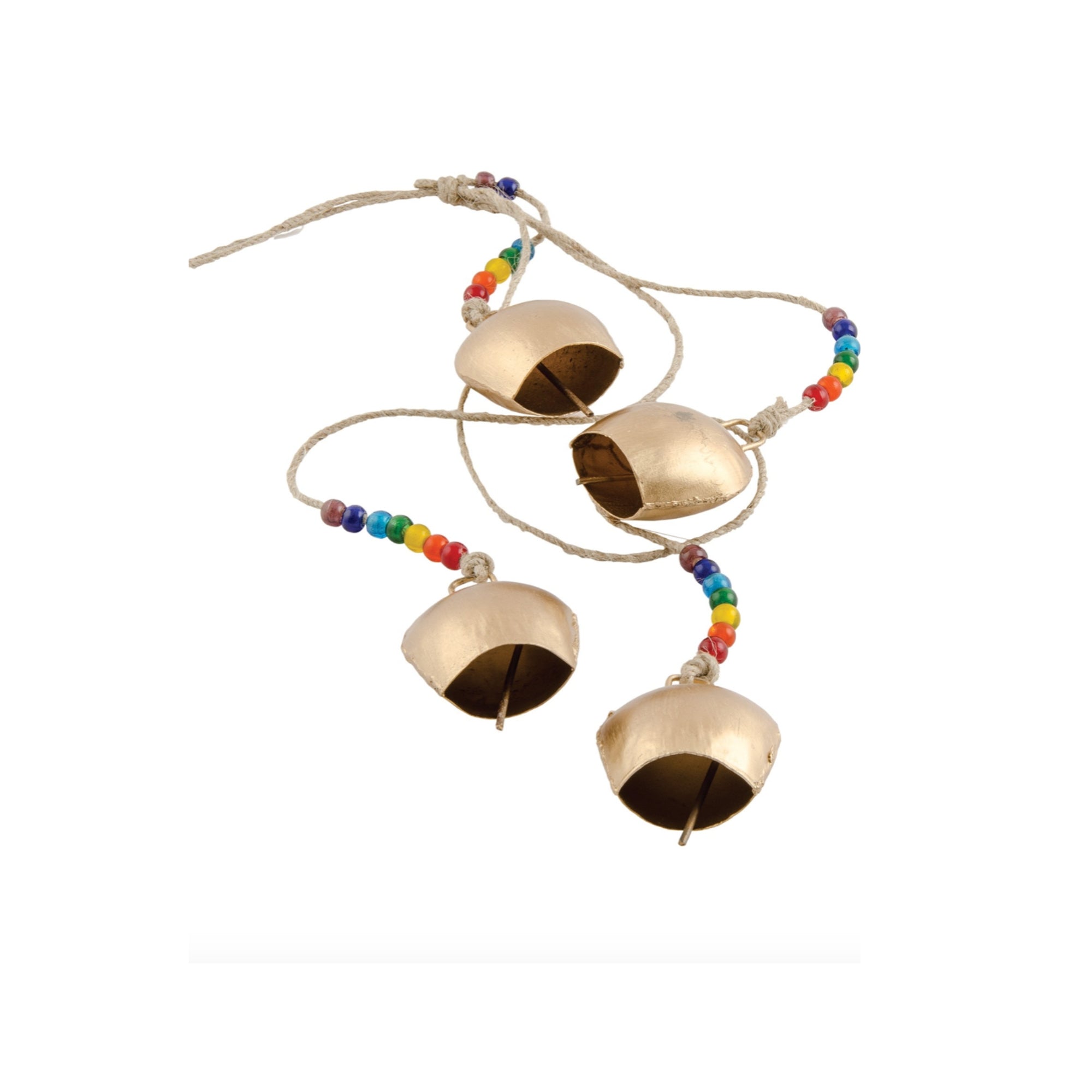 Four wind chimes with colorful beads, tied together with an off white string.