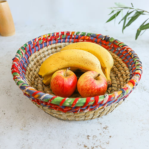 Colourful Handwoven Straw Fruit Bowl with Apples and Bananas