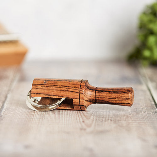 Small solid wood bhediya shaker with metal bell