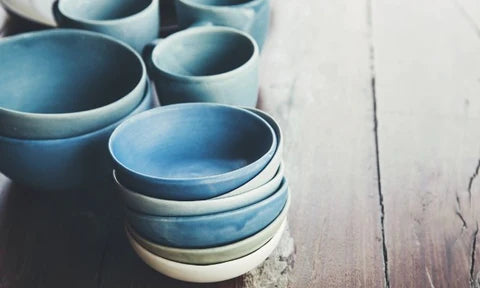 Blue ceramic bowls, pottery serveware and tableware