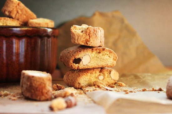 Halved traditional Italian biscotti biscuits.