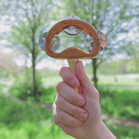 Wooden Tring tambourine bells on stick sound demonstration