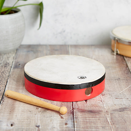 red and white rattle snake hand drum with beater