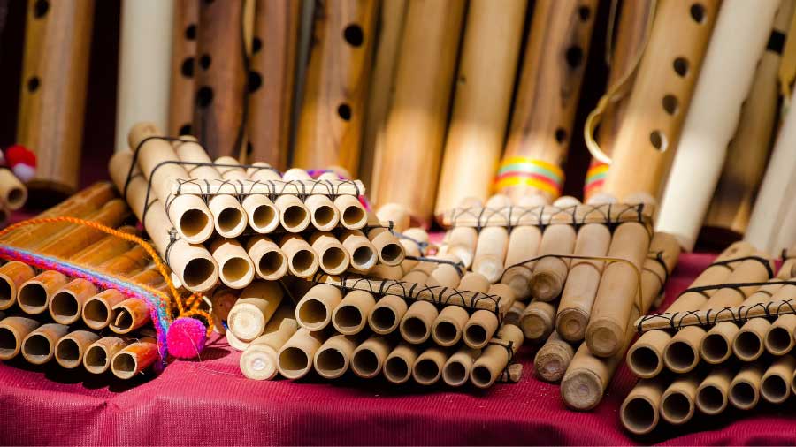 Traditional Peruvian Bamboo Panpipes with Woven Band