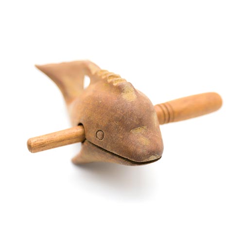 Front View of a Solid Wood Dolphin Guiro Whistle with Beater