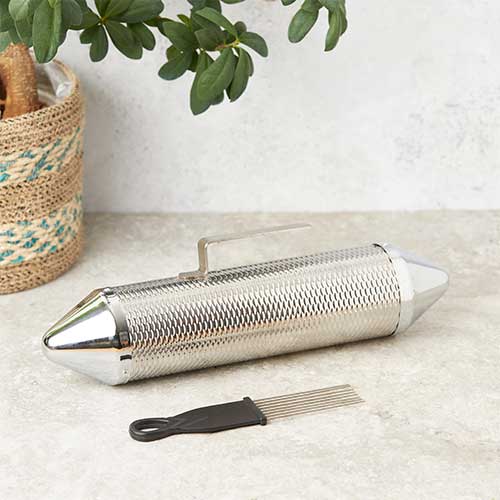 large metal guiro shaker with handle and rasp