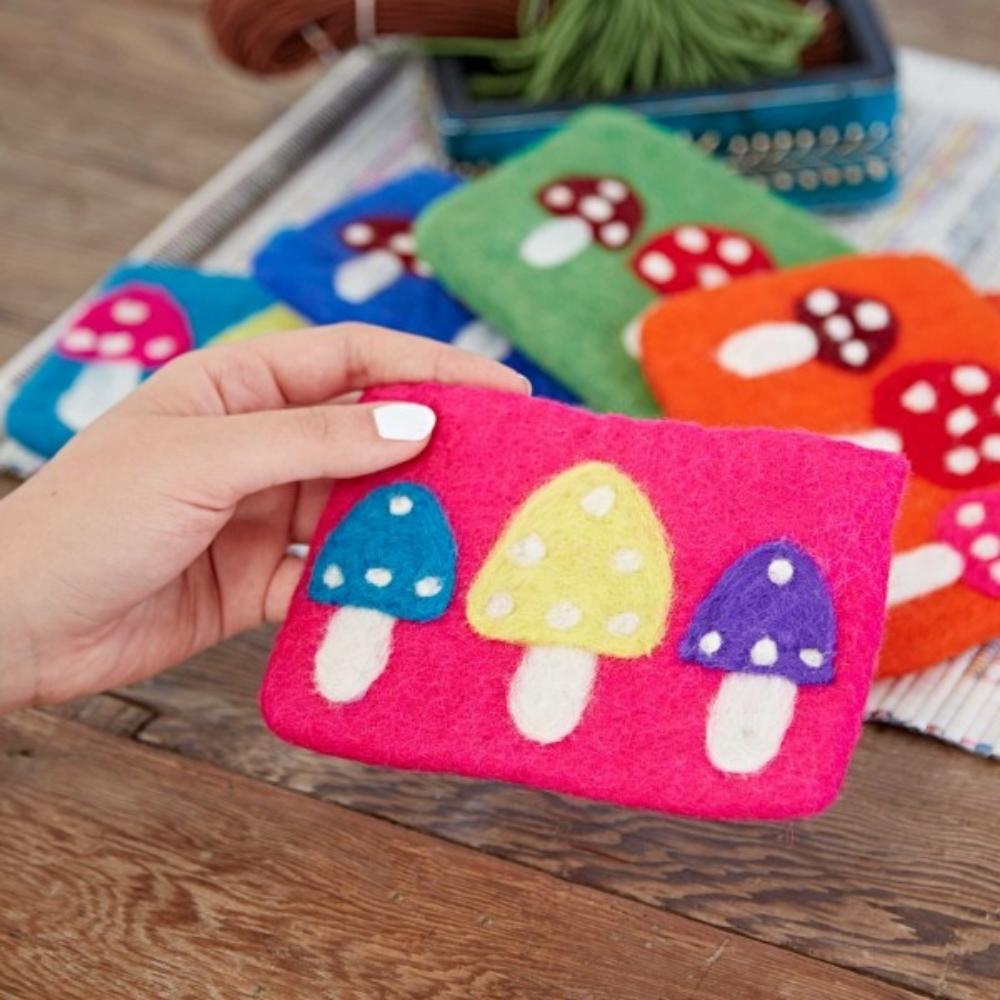 Blue, Green, Orange, and Pink Mushroom Design Felt Wool Purse